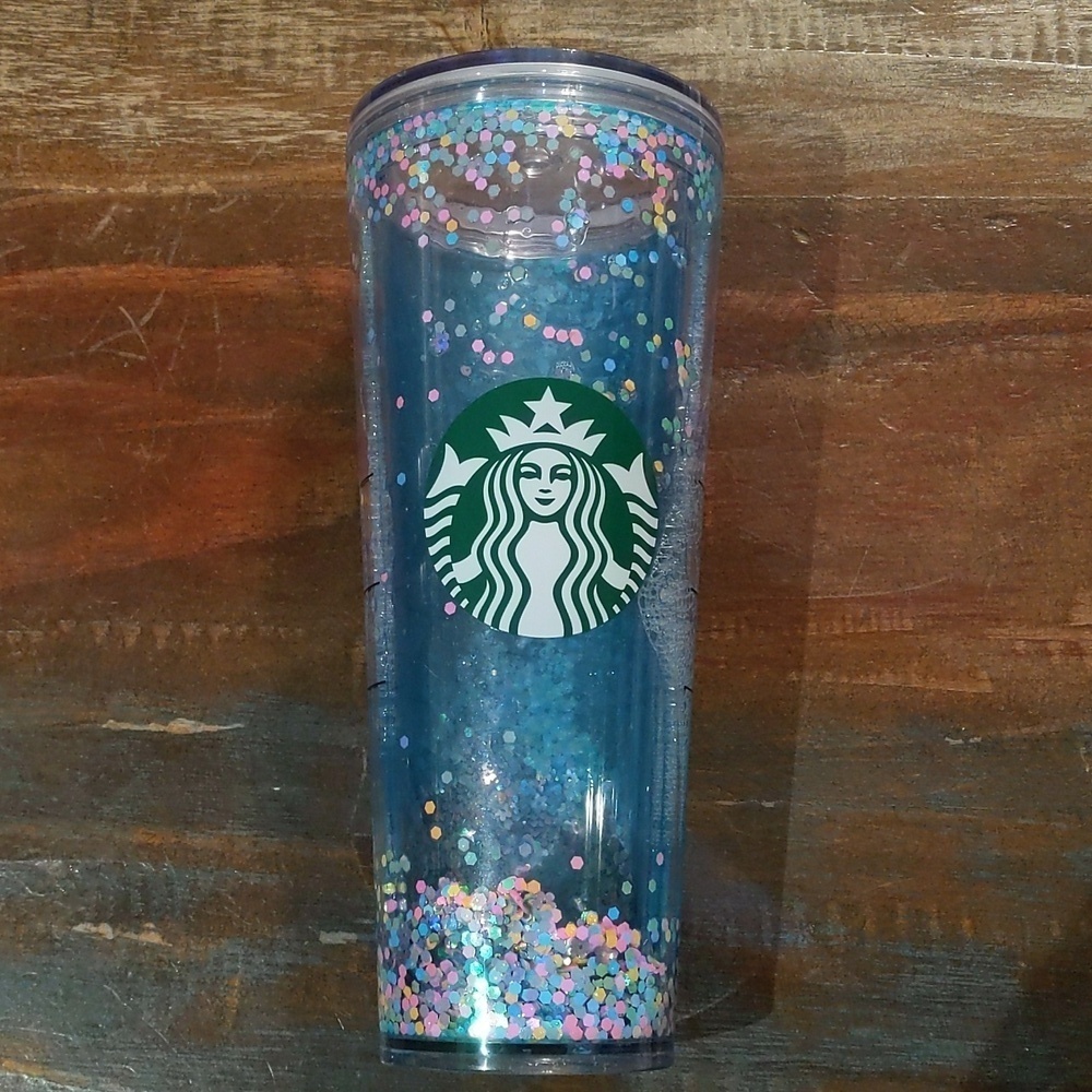 Starbucks Blue Snow Globe Tumbler 24 oz.  Flower/Pastel Confetti